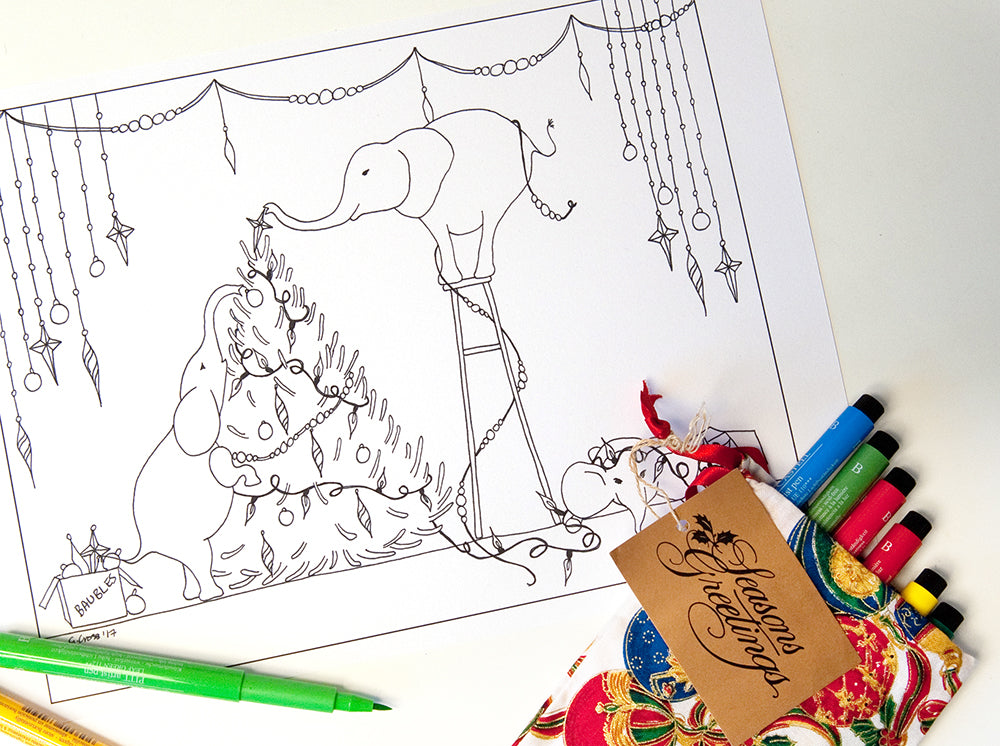 Christmas Elephants Colouring Pages Instant Download