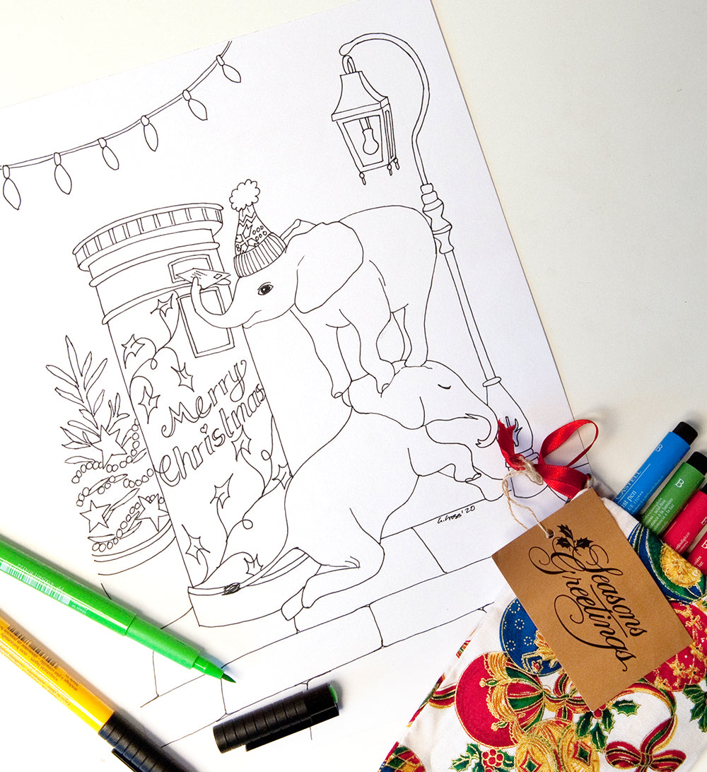 Christmas Elephants Colouring Pages Instant Download