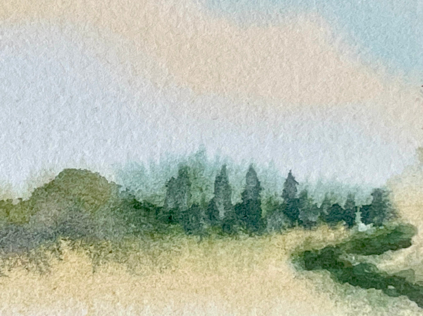 A soft watercolor landscape painting featuring a line of dark green trees under a pale blue sky with warm beige and gray washes.