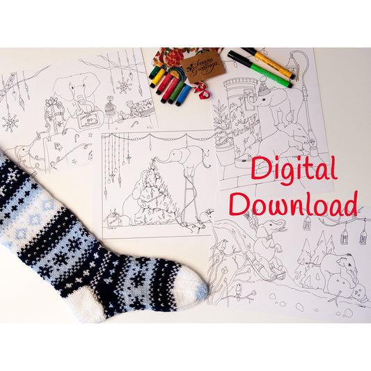 Christmas Elephants Colouring Pages Instant Download