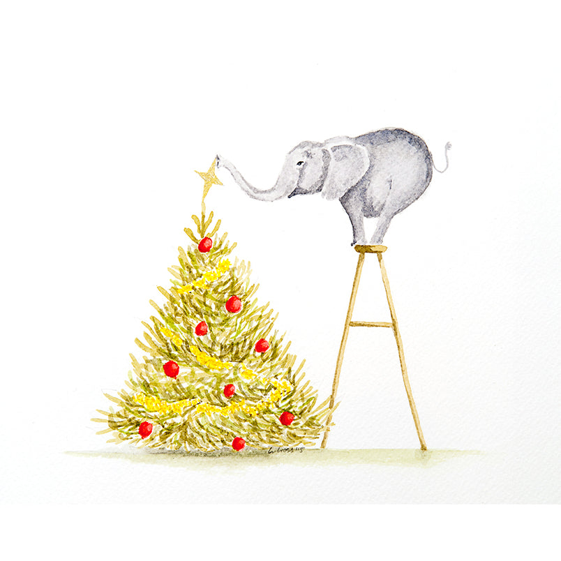 Elephant Decorating the Christmas Tree ~ Christmas Card