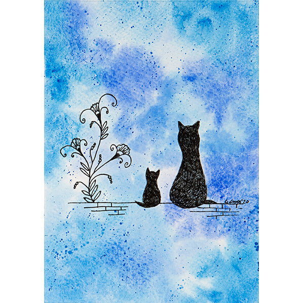 Midnight Cat Family Blue ~ Greeting Card