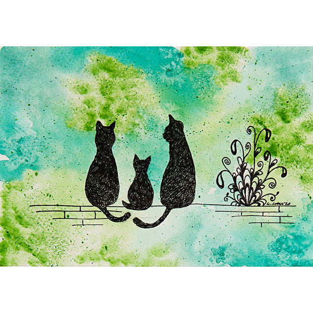 Midnight Cat Family Green ~ Greeting Card