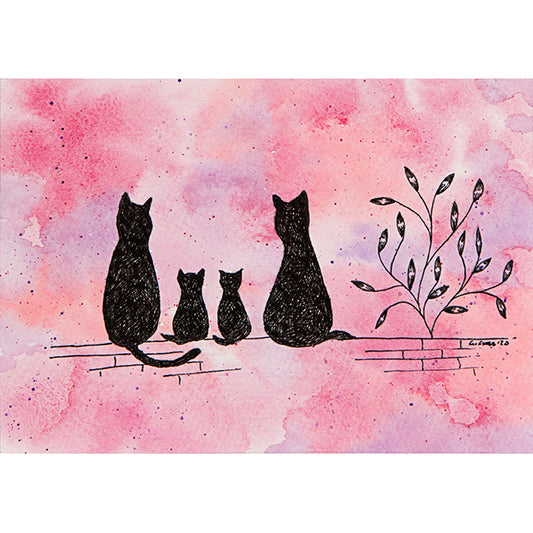 Midnight Cat Family Pink ~ Greeting Card