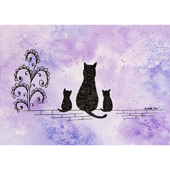Midnight Cat Family Purple ~ Greeting Card