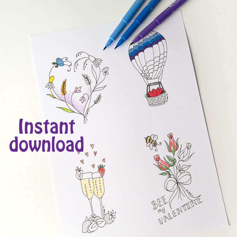 Valentine, Wedding or Engagement Colouring Pages Instant Download