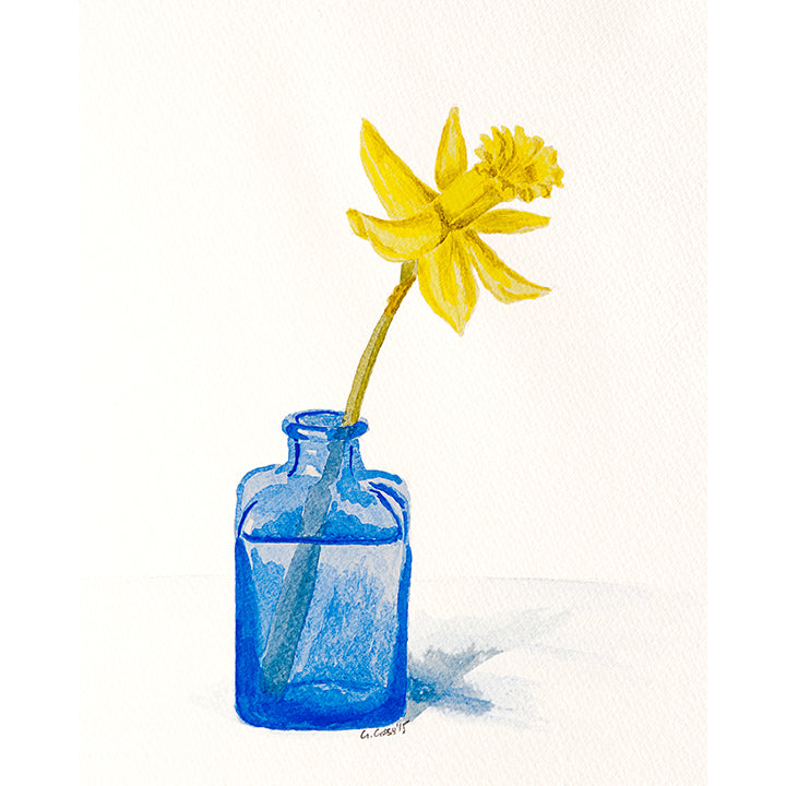 Yellow Daffodil in a Blue Bottle ~ Original Painting