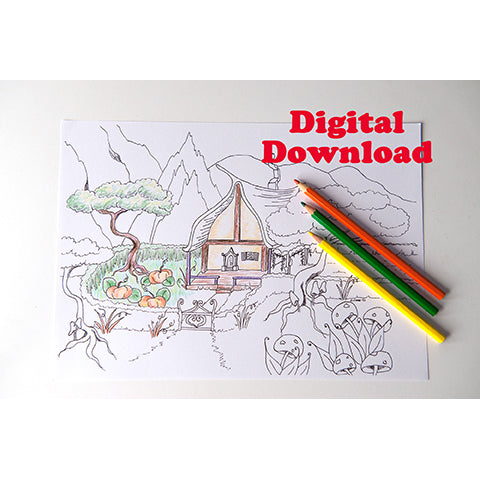 Enchanted Cottage Colouring Page Instant Download